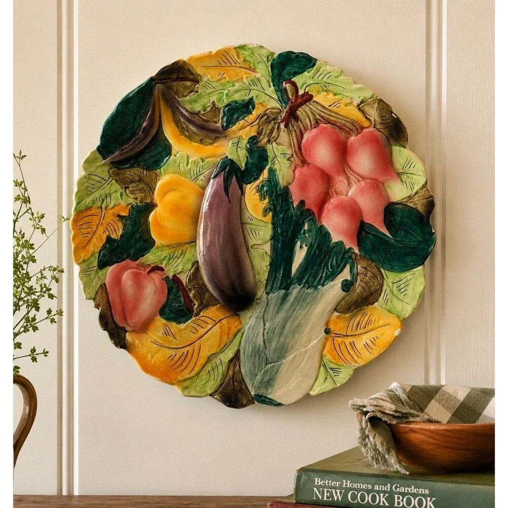 Vintage Italy Majolica Vegetable Wall Platter 13” Eggplant Radish Celery Relief